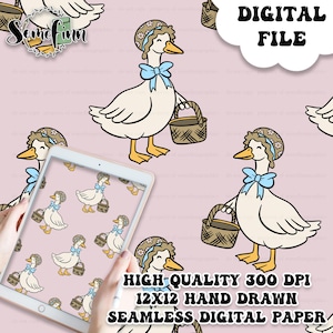 May include: Digital file featuring a repeating pattern of cartoon geese wearing bonnets and carrying baskets. The geese are white with yellow beaks and feet, and blue bows. The text "DIGITAL FILE" and "HIGH-QUALITY 300 DPI 12X12 HAND DRAWN SEAMLESS DIGITAL PAPER" are also visible.