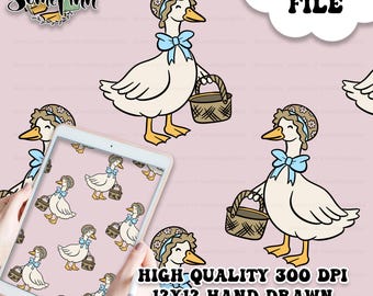 Vintage Goose With Blue Ribbon Digital Paper - Seamless Patterns, Geese Printable Scrapbook paper download - grannycore cute, grandmas house