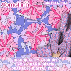 Cheer pom poms and bows Digital Paper, Seamless Pattern, Cheerleader Fabric download, Sports Dance Digital Scrapbook Paper