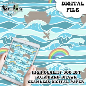 May include: Digital file featuring a hand-drawn seamless pattern with a nautical theme. The design includes stylized waves, rainbows, a dove with an olive branch, and an ark. The text reads "DIGITAL FILE" and "HIGH QUALITY 300 DPI 12X12 HAND DRAWN SEAMLESS DIGITAL PAPER."