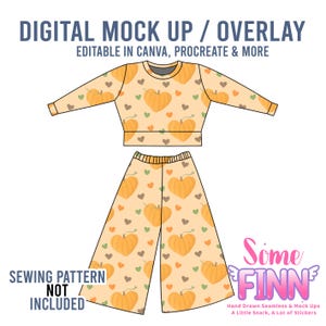 May include: A digital mock-up of a pumpkin-themed pajama set. The set includes a long-sleeved crop top and wide-leg pants, both patterned with orange pumpkins and small hearts on a light orange background. Text includes "DIGITAL MOCK UP / OVERLAY" and "EDITABLE IN CANVA, PROCREATE & MORE."