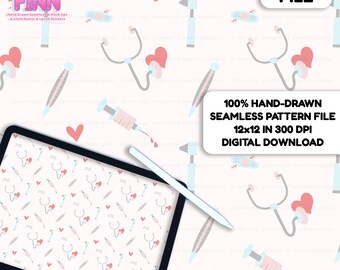 Pastel Doctor Seamless Pattern File, Medical Nurse Tools Digital Download, Stethoscope Syringe Bandage Fabric