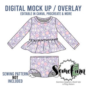 以下が含まれることがあります： 紫とピンクの花柄のロングスリーブトップと、それに合わせたブルマのデジタルモックアップ。画像の上部に「DIGITAL MOCK UP / OVERLAY」というテキストがあります。「DIGITAL MOCK UP / OVERLAY」のテキストの下に「EDITABLE IN CANVA, PROCREATE & MORE」というテキストがあります。画像の左下に「SEWING PATTERN NOT INCLUDED」というテキストがあります。画像の右下に「Some finn Seamless Graphics, Mock Ups & Poly Mailers」というテキストがあります。