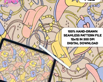 May include: A digital file featuring a hand-drawn seamless pattern with cowboy boots, hats, and ropes in pastel colors. The design includes stars and diamonds on a beige background. The text on the image reads "DIGITAL FILE" and "100% HAND-DRAWN SEAMLESS PATTERN FILE 12x12 IN 300 DPI DIGITAL DOWNLOAD."