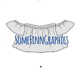 May include: An off-the-shoulder top with a ruffled neckline and sleeves. The top features the text "SOMEFINNGRAPHICS" in blue script across the front. The background is a transparent checkered pattern.