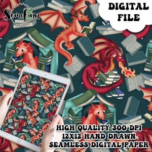 Drachen und Bücher Digitales Papier - Nahtloser Drache Muster, Buch Liebhaber Nahtlos, Fantasy Printable Scrapbook download, Fantasy Buch nahtlos