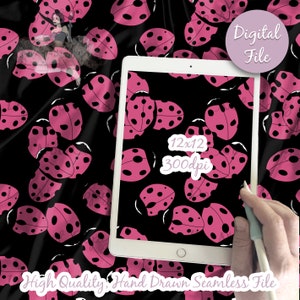 May include: A digital file of a seamless pattern featuring pink ladybugs on a black background. The pattern is 12x12 inches and 300 dpi. The text "High Quality, Hand Drawn Seamless File" is at the bottom of the image.