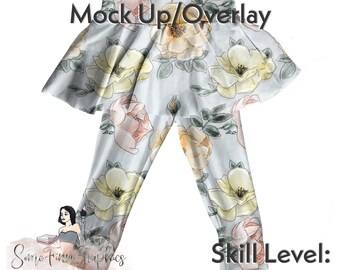 May include: A digital mock-up of a pair of leggings with a floral print. The leggings are light blue with yellow, pink, and green flowers. The text "Easy to edit Mock Up/Overlay" is at the top of the image. The text "Some Firm Graphics" is at the bottom left of the image. The text "Skill Level: Beginner" is at the bottom right of the image.