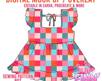 May include: A colorful digital mock-up of a dress with a square neckline and ruffled sleeves and hem. The dress features a checkered pattern in shades of pink, orange, and blue. Text includes "DIGITAL MOCK UP / OVERLAY" and "SEWING PATTERN NOT INCLUDED".
