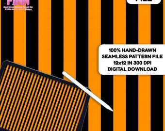 May include: Digital file featuring a seamless pattern of vertical orange and black stripes. A tablet with a matching striped design and a white stylus are in the lower left corner. Text on the image reads "DIGITAL FILE" and "100% HAND-DRAWN SEAMLESS PATTERN FILE 12x12 IN 300 DPI DIGITAL DOWNLOAD."