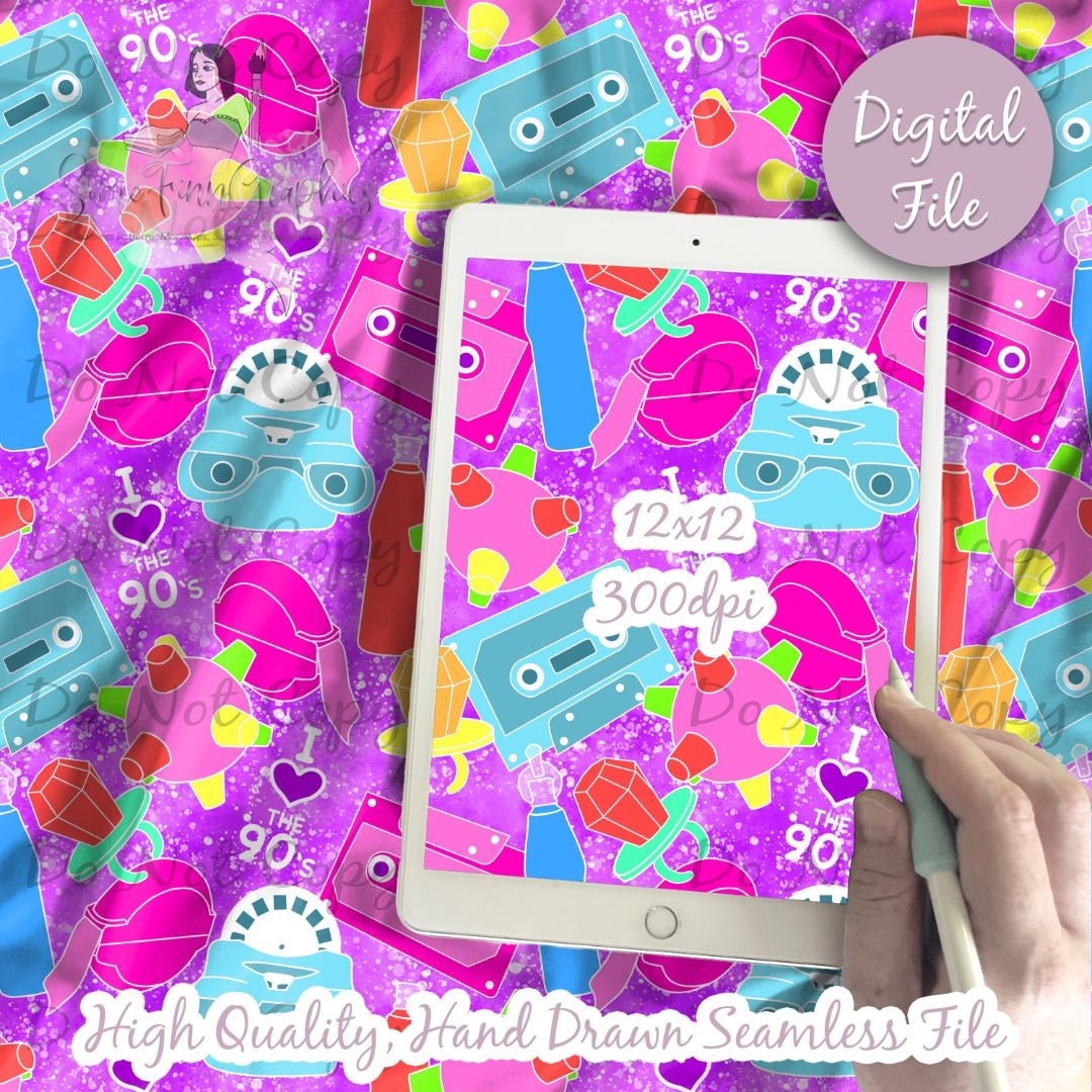 I Love the 90s Seamless Pattern Design / 90s Toys and Snacks / Cassette ...