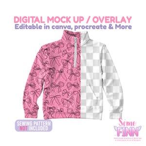 May include: A quarter-zip pullover featuring a split design. The left side is pink with a white polka dot pattern and black line-art bows. The right side is a white and gray checkerboard pattern. Text reads: DIGITAL MOCK UP / OVERLAY.