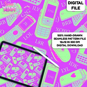 Lila Flip Phone Text Seamless Pattern Fil, Y2K Mobiltelefon Tygdesign för Canva Procreate, Flickigt Digitalt Pappersbakgrund Nedladdning