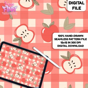 May include: A digital seamless pattern file featuring a red and white gingham background with hand-drawn red apples and apple slices. The image includes text stating DIGITAL FILE and 100% HAND-DRAWN SEAMLESS PATTERN FILE 12x12 IN 300 DPI DIGITAL DOWNLOAD.