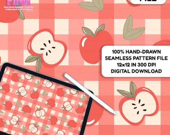 May include: A digital seamless pattern file featuring a red and white gingham background with hand-drawn red apples and apple slices. The image includes text stating DIGITAL FILE and 100% HAND-DRAWN SEAMLESS PATTERN FILE 12x12 IN 300 DPI DIGITAL DOWNLOAD.