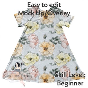 May include: A mock-up of a light blue ribbed t-shirt with a floral print. The print features yellow, pink, and orange roses with green leaves. The text "Easy to edit Mock Up/Overlay" is at the top of the image. The text "Same Finn Graphics" is at the bottom of the image. The text "Skill Level: Beginner" is at the bottom right of the image.