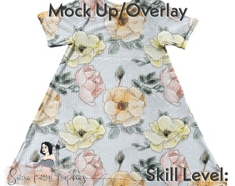 May include: A mock-up of a light blue ribbed t-shirt with a floral print. The print features yellow, pink, and orange roses with green leaves. The text "Easy to edit Mock Up/Overlay" is at the top of the image. The text "Same Finn Graphics" is at the bottom of the image. The text "Skill Level: Beginner" is at the bottom right of the image.