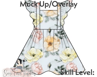May include: A digital mock-up of a light blue dress with a floral pattern. The dress has a ruffled neckline and straps. The text "Easy to edit Mock Up/Overlay" is at the top of the image. The text "Some Finn Graphics" is at the bottom of the image. The text "Skill Level: Beginner" is at the bottom right of the image.