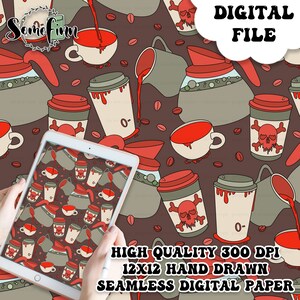 Peut inclure: Papier numérique sur le thème du café. Le motif présente des tasses à café, des cafetières et des grains de café dans des tons de rouge, de marron et de beige. L'image comprend également le texte "DIGITAL FILE", "HIGH QUALITY 300 DPI", "12X12 HAND DRAWN" et "SEAMLESS DIGITAL PAPER".