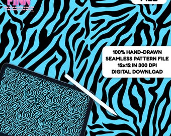 May include: A digital file featuring a seamless zebra pattern in black and light blue. The image includes a tablet displaying the pattern, a stylus, and text that reads "DIGITAL FILE" and "100% HAND-DRAWN SEAMLESS PATTERN FILE 12x12 IN 300 DPI DIGITAL DOWNLOAD."
