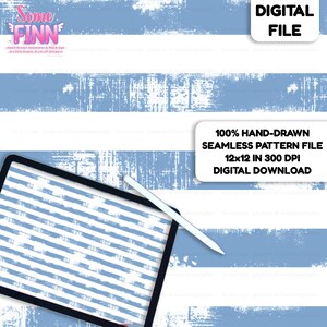 May include: A digital file featuring a seamless pattern of horizontal blue and white distressed stripes. The image displays a tablet screen showing the pattern, a white stylus, and text stating 100% hand-drawn seamless pattern file 12x12 in 300 dpi.