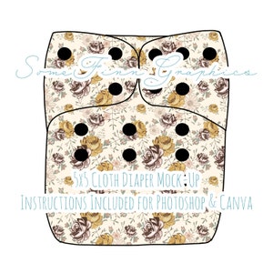 Könnte beinhalten: Ein 5x5 Stoffwindel-Mockup mit einem floralen Muster in Gelb-, Braun- und Rosatönen. Das Mockup enthält Anweisungen für Photoshop und Canva.