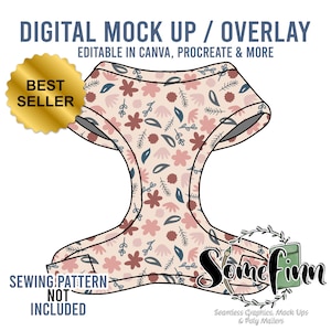Può includere: Un mock-up digitale di una pettorina per animali con sfondo rosa chiaro e un motivo ripetuto di fiori e foglie blu scuro e rosso spento. Testo: DIGITAL MOCK UP / OVERLAY, BEST SELLER, SEWING PATTERN NOT INCLUDED, Somefinn.