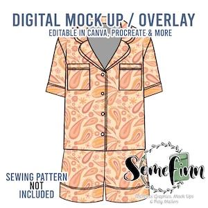 Puede incluir: Maqueta digital de un conjunto de pijama con un patrón de paisley en tonos naranja, rosa y amarillo. El texto "DIGITAL MOCK-UP/OVERLAY" está en la parte superior de la imagen. El texto "EDITABLE IN CANVA, PROCREATE & MORE" está debajo del texto "DIGITAL MOCK-UP/OVERLAY". El texto "SEWING PATTERN NOT INCLUDED" está en la parte inferior izquierda de la imagen. El texto "Some finn" está en la parte inferior derecha de la imagen. El texto "Seamless Graphics, Mock Ups & Poly Mailers" está debajo del texto "Some finn".