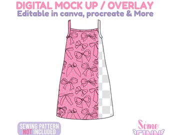 May include: A pink dress design featuring a bow pattern and white polka dots. The design includes the text "DIGITAL MOCK UP / OVERLAY" and "Editable in canva, procreate & More". The words "SEWING PATTERN NOT INCLUDED" are also present.