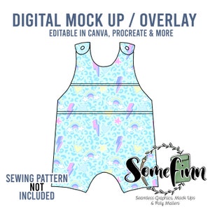 May include: A digital mock-up of a baby onesie with a blue background and a pattern of rainbows, lightning bolts, hearts, and stars. The text "SEWING PATTERN NOT INCLUDED" is at the bottom of the image.