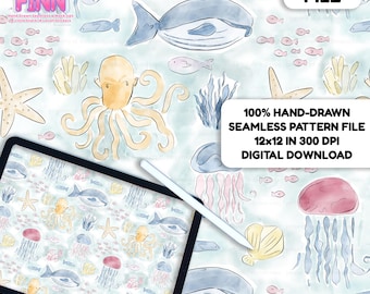 May include: A digital file featuring a hand-drawn seamless pattern with an aquatic theme. The design includes illustrations of whales, octopuses, jellyfish, starfish, and fish in shades of blue, yellow, and pink. The text on the image reads "DIGITAL FILE" and "100% HAND-DRAWN SEAMLESS PATTERN FILE 12x12 IN 300 DPI DIGITAL DOWNLOAD."