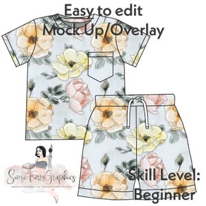 Puede incluir: Una maqueta digital de una camiseta azul y pantalones cortos con un patrón floral. El patrón presenta rosas amarillas, rosas y verdes en acuarela. El texto "Easy to edit Mock Up/Overlay" está en la parte superior de la imagen. El texto "Some Finn Graphics" está en la parte inferior de la imagen. El texto "Skill Level: Beginner" está en la parte inferior derecha de la imagen.