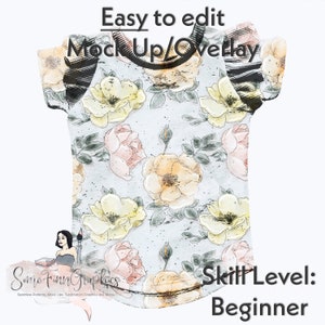 May include: A white t-shirt with a floral print featuring yellow, pink, and orange roses. The shirt has a black and white striped trim around the neck and sleeves. The text "Easy to edit Mock Up/Overlay" is at the top of the image. The text "Some Finn Graphics" is at the bottom of the image. The text "Skill Level: Beginner" is at the bottom right of the image.