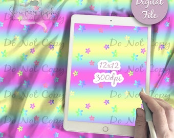 May include: A seamless digital paper pattern featuring a rainbow gradient background with scattered pastel flowers. The pattern is 12 inches by 12 inches and 300 dpi. The text "Do Not Copy" appears multiple times throughout the pattern.