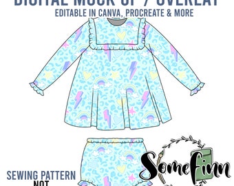 May include: Digital mock-up of a baby girl's dress and bloomer set. The dress and bloomer are light blue with a rainbow, lightning bolt, heart, and star pattern. The dress has a ruffled collar and long sleeves. The bloomer has a ruffled hem. The text "SEWING PATTERN NOT INCLUDED" is at the bottom left of the image. The text "Somefinn Seamless Graphics, Mock Ups & Poly Mailers" is at the bottom right of the image.