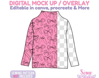 May include: A mock-up of a long-sleeved shirt with a high collar. The left side features a pink bow pattern on a dotted background. The right side is a transparent checkered pattern. Text includes "DIGITAL MOCK UP / OVERLAY" and "SEWING PATTERN NOT INCLUDED".