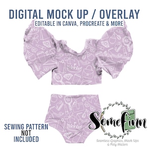 Puede incluir: Una maqueta digital de un traje de baño de dos piezas morado con un patrón de contorno blanco de varios accesorios de moda. El texto "DIGITAL MOCK UP / OVERLAY" está en la parte superior de la imagen. El texto "EDITABLE IN CANVA, PROCREATE & MORE" está debajo del texto "DIGITAL MOCK UP / OVERLAY". El texto "SEWING PATTERN NOT INCLUDED" está en la parte inferior izquierda de la imagen. El texto "Some finn Seamless Graphics, Mock Ups & Poly Mailers" está en la parte inferior derecha de la imagen.