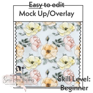 May include: A seamless pattern featuring watercolor roses in shades of yellow, pink, and orange on a light blue background. The pattern is perfect for creating digital designs, mockups, and overlays. The text "Easy to edit Mock Up/Overlay" and "Skill Level: Beginner" is also included in the image.