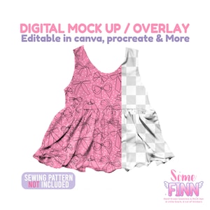 May include: A pink dress mockup with a bow pattern and a transparent checkered section. The text "DIGITAL MOCK UP / OVERLAY" and "Editable in canva, procreate & More" are displayed at the top. The words "SEWING PATTERN NOT INCLUDED" are at the bottom.
