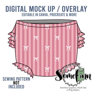May include: Pink and white striped digital mock-up of a ruffled diaper cover with white bows.  The text "DIGITAL MOCK UP / OVERLAY" is at the top of the image. The text "EDITABLE IN CANVA, PROCREATE & MORE" is below the first line of text. The text "SEWING PATTERN NOT INCLUDED" is at the bottom of the image. The text "Somefinn Seamless Graphics, Mock Ups & Poly Mailers" is at the bottom right of the image.