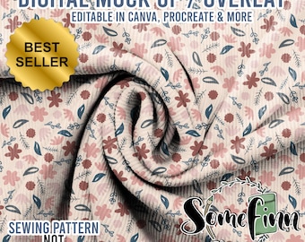 May include: A digital fabric mockup featuring a light beige ribbed texture with a repeating pattern of small pink and dark blue flowers and leaves. Text reads: DIGITAL MOCK UP / OVERLAY, BEST SELLER, SEWING PATTERN NOT INCLUDED, and SomeFinn.