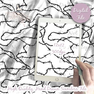 May include: A digital file of a seamless pattern featuring black barbed wire on a white background. The pattern is 12 inches by 12 inches and 300 dpi. The text "Do Not Copy" appears multiple times on the image.
