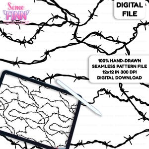 May include: A digital file featuring a hand-drawn seamless pattern of black barbed wire on a white background. The image includes a tablet with the pattern displayed, a stylus, and text that reads "DIGITAL FILE" and "100% HAND-DRAWN SEAMLESS PATTERN FILE 12x12 IN 300 DPI DIGITAL DOWNLOAD."