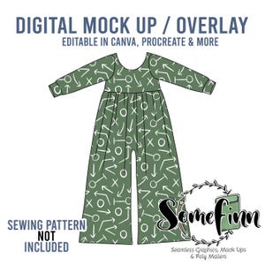 May include: A digital mock-up of a green long-sleeved jumpsuit with a white pattern of arrows, circles, and Xs. The text "DIGITAL MOCK UP / OVERLAY" is at the top of the image. The text "EDITABLE IN CANVA, PROCREATE & MORE" is below the text "DIGITAL MOCK UP / OVERLAY". The text "SEWING PATTERN NOT INCLUDED" is at the bottom left of the image. The text "Somefinn Seamless Graphics, Mock Ups & Poly Mailers" is at the bottom right of the image.