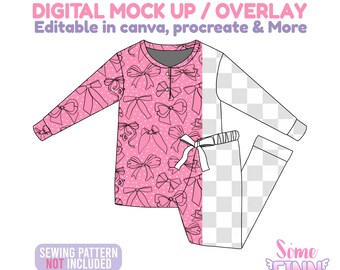 Henley Pajama Set Mockup PNG Overlay Long Sleeve Shirt and Pants Digital Mock Up Bow Pajamas Can Be Used in Canva Procreate and More