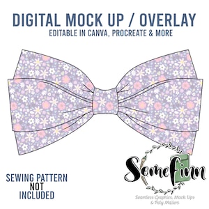 Könnte beinhalten: Ein digitales Mock-up eines lilafarbenen Bogens mit einem weißen und rosa floralen Muster. Der Text "DIGITAL MOCK UP / OVERLAY" befindet sich oben im Bild. Der Text "EDITABLE IN CANVA, PROCREATE & MORE" befindet sich unter dem Text "DIGITAL MOCK UP / OVERLAY". Der Text "SEWING PATTERN NOT INCLUDED" befindet sich unten links im Bild. Der Text "Some finn" befindet sich unten rechts im Bild. Der Text "Seamless Graphics, Mock Ups & Poly Mailers" befindet sich unter dem Text "Some finn".