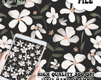 Patrón de papel digital sin costuras con diseño floral de acuarela, diseño de tela o papel de álbum de recortes imprimible, fondo de flores, floral en blanco y negro