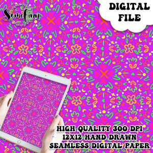 May include: A digital file showcasing a bright, seamless pattern with a magenta backdrop and colourful floral and abstract shapes. The image includes text that reads "DIGITAL FILE" and "HIGH QUALITY 300 DPI 12X12 HAND DRAWN SEAMLESS DIGITAL PAPER."