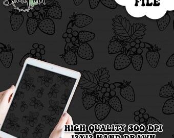 May include: Black and white digital paper featuring a seamless pattern of hand-drawn strawberries. The pattern is 12x12 inches and 300 DPI.  "DIGITAL FILE" is written in white text on a black cloud.