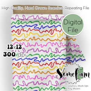 May include: A seamless digital pattern featuring colourful wavy lines on a white background. The pattern is 12 inches by 12 inches and 300 dpi. The text "Digital File" is in a green circle in the top right corner. The text "Some finn" is in a green circle in the bottom right corner. The text "Seamless Graphics, Mock Ups & Poly Mailers" is below the green circle.